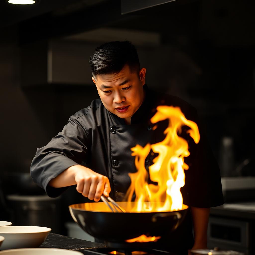 Chef working a flaming wok