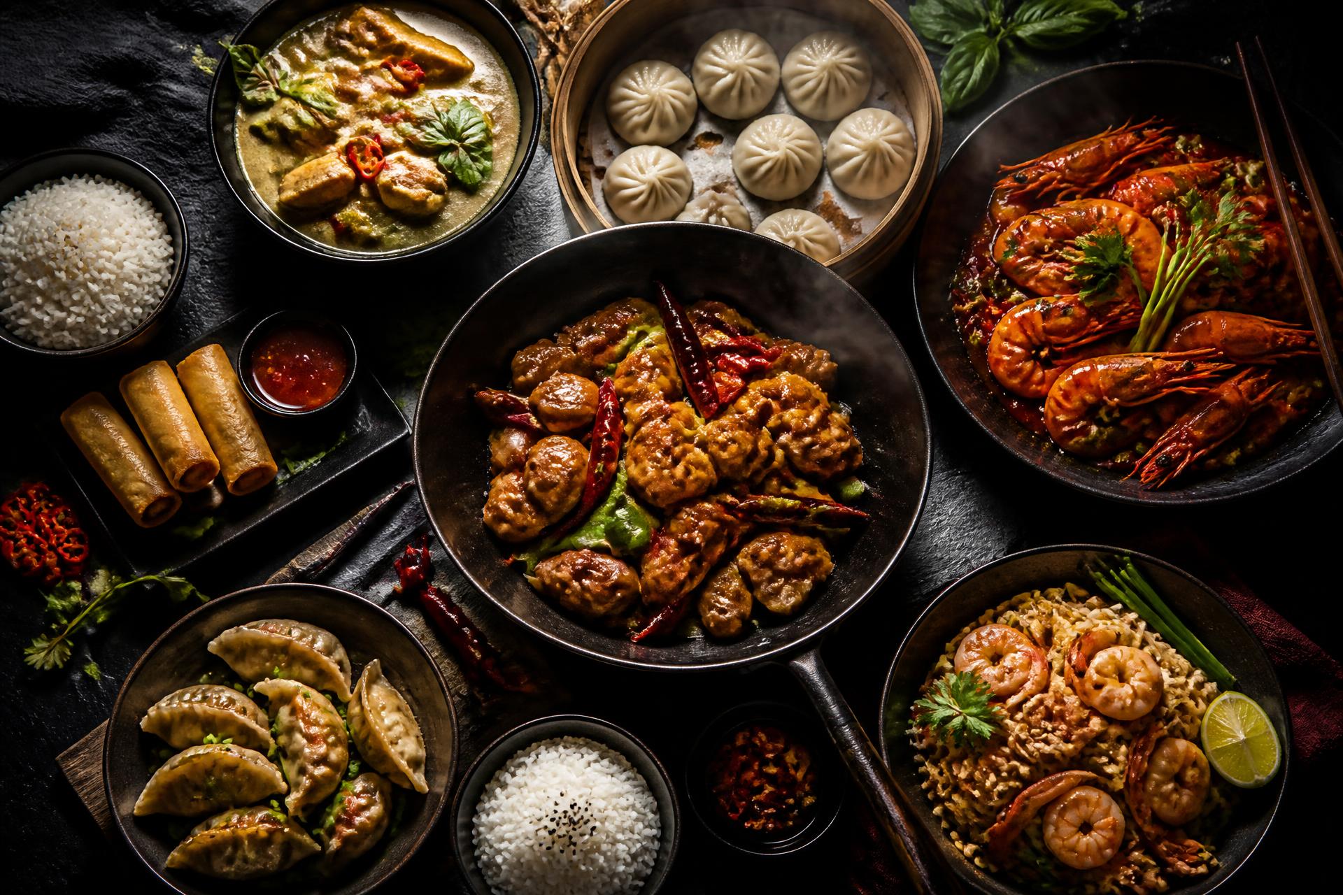 Chinese and Thai dishes spread across a dark table